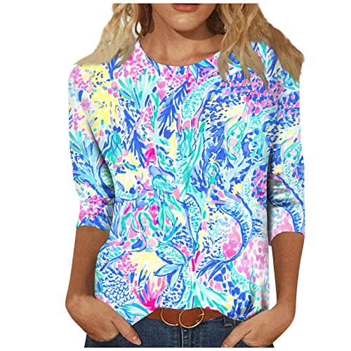 3/4 Sleeve Tops for Women Summer 2024 Classic Trendy Print Crewneck Blouses Casual Cute Comfortable Three Quarter Sleeve Basic T-Shirts