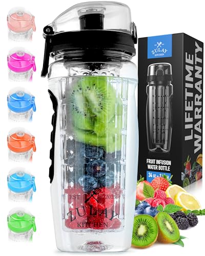 Zulay (34oz Capacity) Fruit Infuser Water Bottle with Sleeve - Anti-Slip Grip & Flip Top Lid Infused Water Bottles for Women & Men - Water Infusion Bottle - Onyx Black
