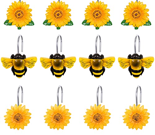 Whaline 12Pcs Shower Curtain Hooks Yellow Sunflower Bee Decorative Resin Curtain Hanger Hooks Rings for Spring Summer Holiday Bathroom Ornament Decoration Supplies, 3 Designs