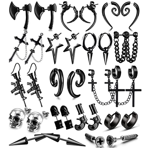 16 Pairs Stainless Steel Punk Y2K Black Dangle Earrings for Men, Axe Skull Screw Cone etc Huggie Hoop Long Chain Piercing Hoop Earrings Set for Unisex Earrings for Women