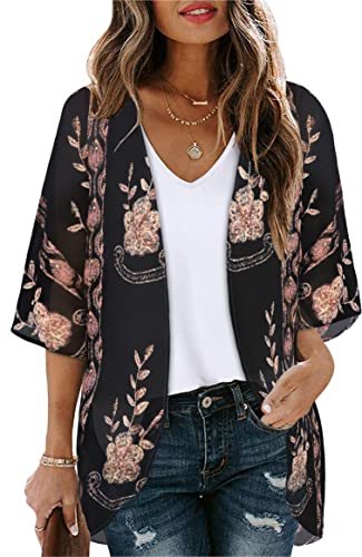 Kimono Cardigans Floral Womens Tops Dressy Casual Spring Cover ups Chiffon Open Front Shirts (BlackLace,2XL)