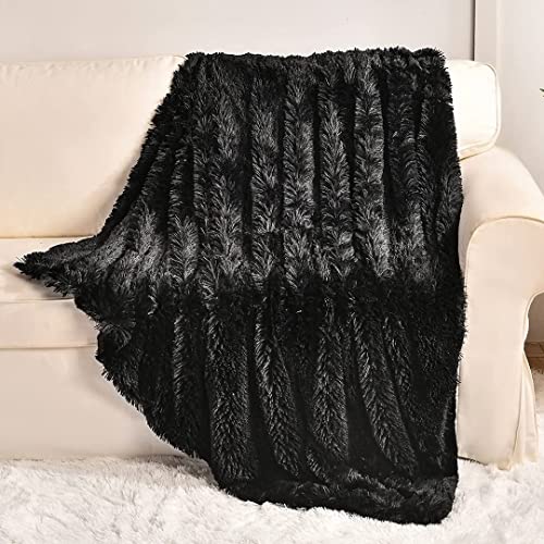 YUSOKI Black Faux Fur Throw Blanket,2 Layers,50' x 60', Soft Fuzzy Fluffy Plush Furry Comfy Warm Cozy Blanket for Couch Bed Chair Sofa Bedroom Mens Gift
