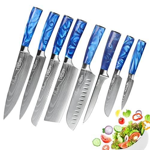 CHUYIREN Chef Knife Set of 8, Professional Kitchen Knife Set for Daily Use, High Carbon Steel Culinary Knives Set for Household Blade Length Varies From 3.5 Inches to 8 Inches, Blue, Christmas Gift