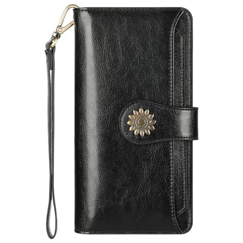 Lavemi Womens Genuine Leather Large Capacity RFID Blocking Wallets Clutch Card Holder With Wristlet Strap(2-Black)