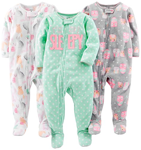 Simple Joys by Carter's Baby Girls' Loose-Fit Flame Resistant Fleece Footed Pajamas, Pack of 3, Cat/Dots/Owls, 18 Months