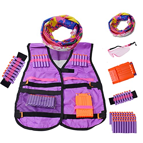Kids Tactical Vest Kit for Nerf Guns Tactical Jacket Kit for N-Strike Elite Series with 50 Refill Darts Bullets, Reload Clips, Wrist Band, Protective Glasses and Face Tube Mask for Girls Boys