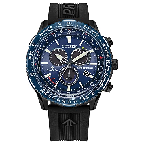 Citizen Men's Promaster Air Eco-Drive Pilot Chronograph Watch, Atomic Timekeeping Technology, 12/24 Hour Time, Power Reserve Indicator, Luminous Hands and Markers, Sapphire Crystal, Black Strap/Blue Dial