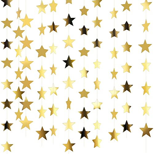 Patelai Glitter Star Garland Banner Decor, 130 Feet Bright Star Hanging Bunting Banner Backdrop for 2024 New Year Graduation Wedding Baby Shower Birthday Christmas Party Decor(Gold)