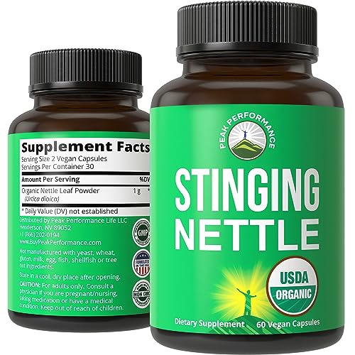 USDA Organic Stinging Nettle Vegan Capsules Made with Stinging Nettle Leaf Powder for Prostate, Hair Growth, Allergy. Better Than Root or Seed Extract. Plant Based Herb Supplement Tablets, 60 Pills