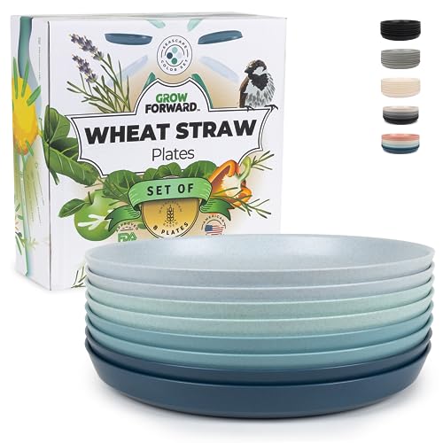 Grow Forward Premium Wheat Straw Dessert Plates - 10 Inch Unbreakable Reusable Microwave Safe Hard Plastic Plates - Deep Dinner Plates Set of 8 for Kitchen, Camping, Patio, RV, Kids - Seascape