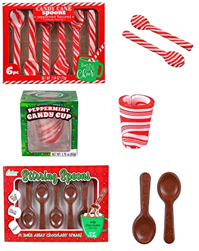 Candy Cane Spoon Bundle - 6 Peppermint Flavored Edible Peppermint Spoons, 5 Milk Chocolate Spoons and Candy Cane Cup - Individually Wrapped