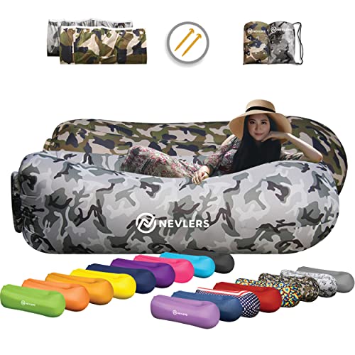 Nevlers 2 Pack Green & Gray Camo Inflatable Loungers Air Sofa Perfect for Beach Chair Camping Chairs or Portable Hammock and Includes Travel Bag Pouch and Pockets | Camping Accessories Blow up Lounger