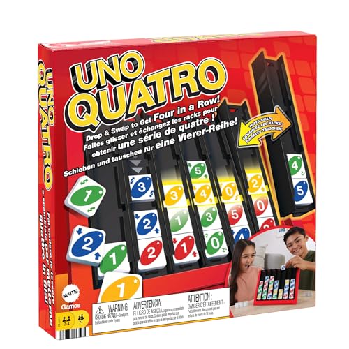 Mattel Games UNO Quatro Game with Colored Tiles & Plastic Game Grid for Adult, Family & Game Night, 2 to 4 Players Ages 7 Years & Up