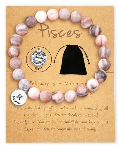 Nifsun Zodiac Spirit Bracelet for Women Girls Pink Zebra Jasper Crystal Chakra Stone Beads Birthday Gifts Jewelry
