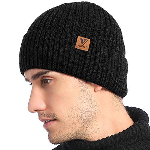 Vgogfly Lined Men Beanie Slouchy Knit Skull Cap Warm Stocking Hats Guys Women Striped Winter Beanie Hat Black