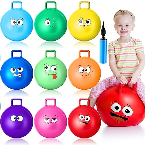 Meooeck 9 Pcs 18' Hopper Ball for Kids 3-6 Jumping Hopping Ball Smile Face Bouncy Ball with Handle and Air Pump for Sports Games Outdoors Indoor Exercise