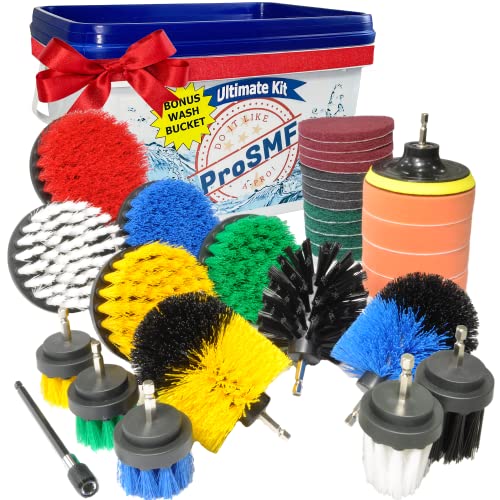 ProSMF Drill Brush Attachment Set - The Ultimate All-Purpose Cleaning Kit - Perfect for Car Detailing, Bathrooms, Kitchens, Rims, Grills, & More - Storage/Wash Bucket, Scrub Pads & Sponges Included