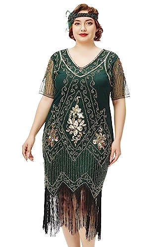 BABEYOND Plus Size 1920s Art Deco Fringed Sequin Dress Flapper Gatsby Costume Dress for Women Dark Green