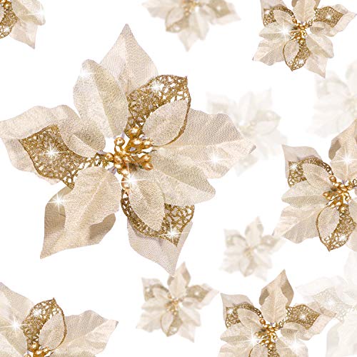 WILLBOND 36 Pieces Christmas Glitter Poinsettia Faux Flowers Christmas Flowers Decorations Wedding Xmas Tree New Year Ornaments (Gold)