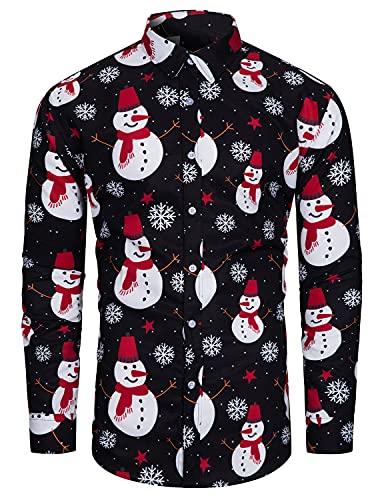 TUNEVUSE Holiday Season Gift-Mens Christmas Shirt Novelty Ugly Santa Claus Long Sleeve Funny Button Down Shirt for Party Black Large
