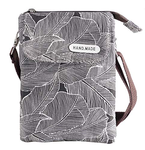 Roomy Cell Phone Purse Wallet Canvas Small Crossbody Purse Bags with Shoulder Strap For Women teen girlsl (Brown shoulder strap zipper black leaf pattern)