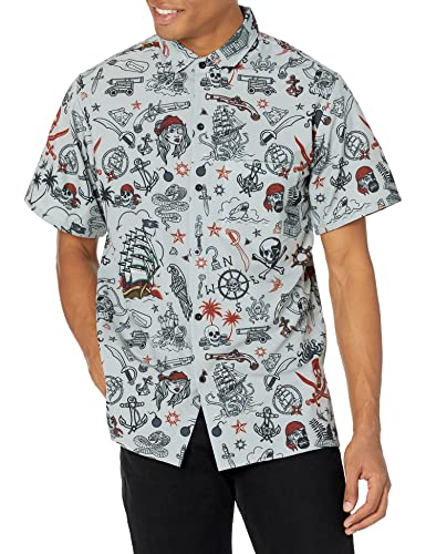 Funny Guy Mugs Mens Pirate Hawaiian Print Button Down Short Sleeve Shirt, 2X-Large