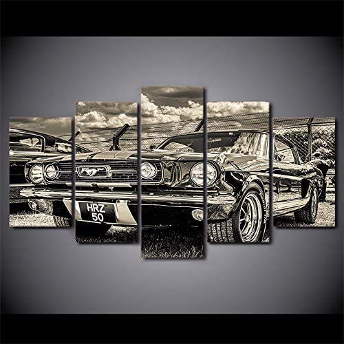 Modular HD Print Artwork Modern Sports Car Poster Home Decor Wall Art 5 Pieces Pictures 1965 Ford Mustang Canvas Painting (8x14in*2 8x18in*2 8x22in*1(Frame))