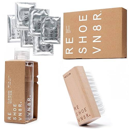 Reshoevn8r Shoe Cleaner Sneakers Kit, Original Kit - Sneaker Cleaner for Canvas, Mesh, Knit, Leather, Nubuck, Plastic, & Rubber Shoes - 4oz Cleaning Solution, 1 Medium Bristle Brush, & 6 Sneaker Wipes