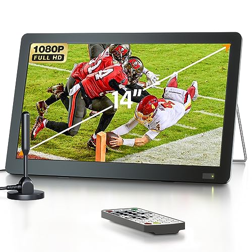Desobry 14 inch PortableTV with Antenna, Portable Small TV with ATSC Tuner,Rechargeable Battery Operated Mini TV LCD Monitor 1080P,Built-in TV Stand,HDMI Input,USB,AV in,Supports Camping,Kitchen,Car