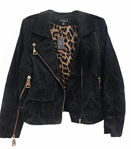 Women Black Floral Pattern Zip Up Moto Jacket (2X)