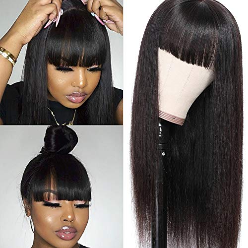 Lzlefho Silky Brazilian Virgin Straight Human Hair Wigs with Bangs 150% Density None Lace Front Wigs Glueless Machine Made Wigs for Black Women Natural Color (18inch)