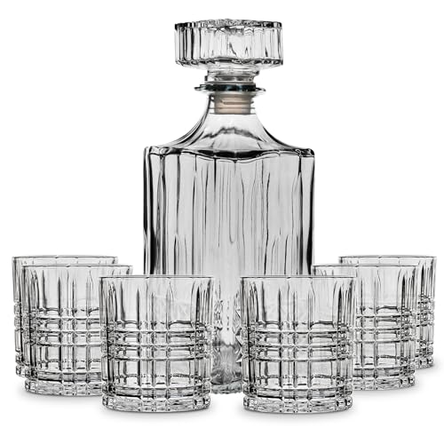 American Atelier Fifth Avenue Dalmore Whiskey Decanter & Glass Set, 7-Piece Set for Liquor, Scotch, Wine, & Bourbon, Beverage Dispenser, 6 Matching Glass Tumblers, Elegant Liquor Carafe with Stopper