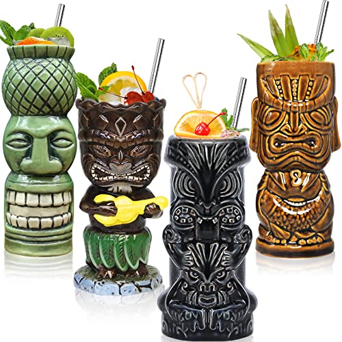 Tiki Glasses for Cocktails Tiki Mugs Set of 4 Ceramic Tiki Party Cups Bar Decor Creative Tiki Mug Set Large Hawaiian Glasses Tiki Drinking Bar Decorations Vintage Tropical Drinkware Barware 4 Packs