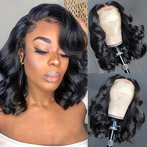 Jolanly Wavy Bob Wig Human Hair 13x4 Lace Front Wigs Human Hair Pre Plucked Glueless Wigs Human Hair 12 Inch Short Bob Wigs Brazilian Body Loose Wave Wear and Go Human Hair Wig