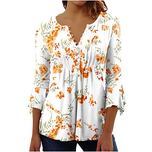 Ceboyel Womens Floral Printed Tunic Tops Button Down Henley Shirts Blouses Elbow Sleeve Casual T-Shirts Trendy Ladies Outfits