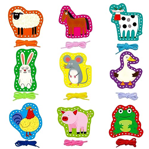 9 Pieces Kids Lacing Cards, Double Sided Sewing Cards in 9 Farm Themed Cards with 9 Colorful Laces, Imagination Development Lacing Toys Games for Children Educational and Learning Activity