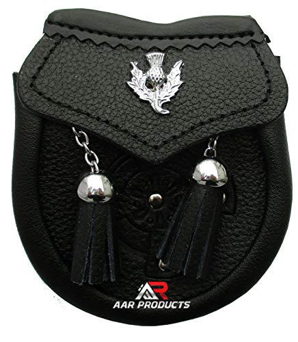 AAR Baby Leather Sporran Thistle Badge Celtic Design 2 Tassels Free Belt Chain,One Size