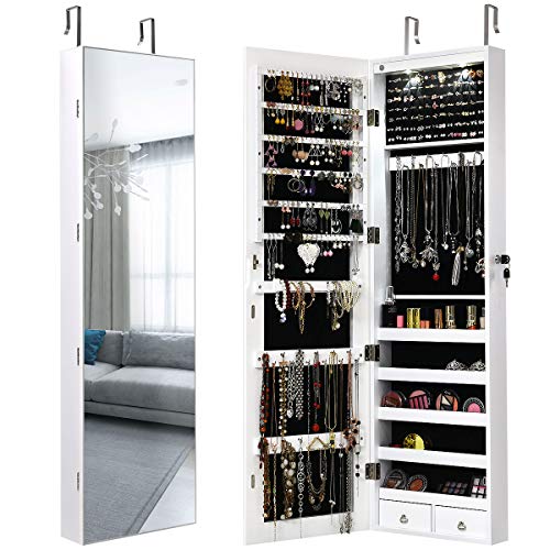 Giantex Wall Door Jewelry Armoire Cabinet with Full-Length Mirror, 2 LEDs Lockable Large Storage Jewelry Organizer with 47.5'' Mirror, Bracelet Rod, Jewelry Armoires with 2 Drawers (White)