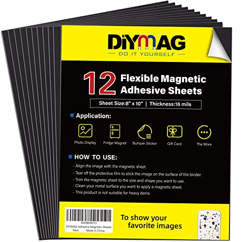 DIYMAG Magnetic Adhesive Sheets, |8' x 10'|, 12 Pack Flexible Magnetic Sheets with Adhesive Backing for Crafts, Photos and Pattern Storage, Easy to Peel and Stick