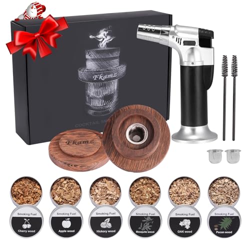 Fkamz Whiskey Smoker Kit with Torch, Cocktail Smoker Kit with 6 Flavors Wood Chips Old Fashioned Drink Smoker Infuser Kit Gift for Men(No Butane)