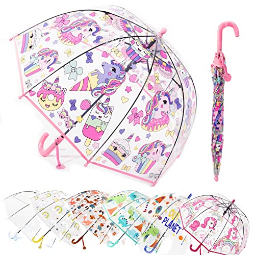 MRTLLOA Kids Pink Unicorn Clear Bubble Umbrella, Toddler Grip Curved Handle Stick Rain Umbrella