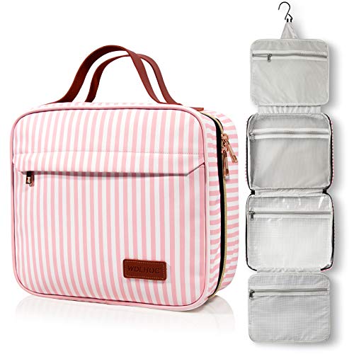 WDLHQC Hanging Travel Toiletry Bag with Hook | Water Proof Zip Bag with 4 Compartments + 2 Outer Zip Pockets | Cosmetic Travel Bag for Toiletries | Travel Essentials for Women & Men (Pink Stripe)