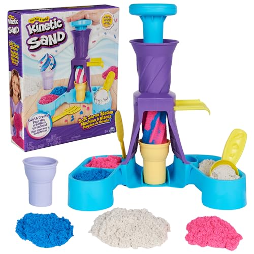 Kinetic Sand, Soft Serve Station with 14oz of Play Sand (Blue, Pink and White), 2 Ice Cream Cones and 2 Tools, Sensory Toys for Kids Aged 5 and up