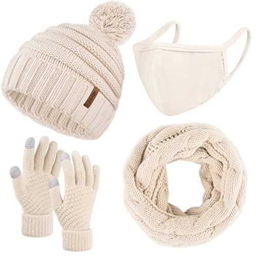 Apoway Winter Warm Set Knitted Scarf Beanie Hat Touch Screen Gloves Warm Cover Set Cold Weather Gifts for Men or Women