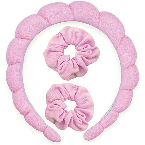 FROG SAC Puffy Spa Headband and Wristbands for Face Washing, Skincare Headbands for Women, Terry Cloth Makeup Skin Care Headbands for Girls, Bubble Make Up Hair Accessories (Pink)