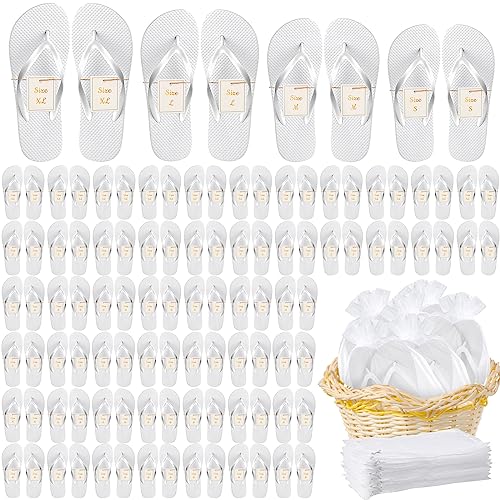 Bonuci 96 Pairs Flip Flops Bulk for Wedding Party Guest Sandals Pack Casual Slippers with Assorted Size Card Sign and Drawstring Bag (White)
