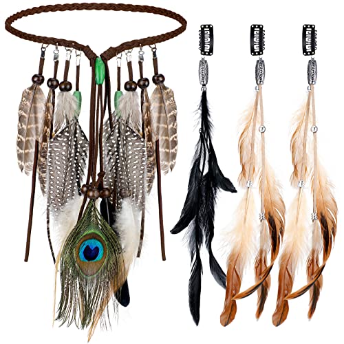 XunYee 4 Pack Feather Hair Clips Handmade Boho Feather Headband Hippie Hair Extensions with Feather Clip Comb Set, Bohemia Indian Headdress 3 Gypsy Tassel Peacock Headpieces for Girl Lady Women(Boho)