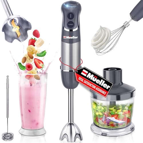 Mueller Multistick 800W 3-in-1 Immersion Blender Handheld, 12 Speed with Turbo Boost, Heaviest Duty Copper Motor, Titanium Blades Hand Blender, Ergonomic Grip, Whisk, Beaker, Chopper