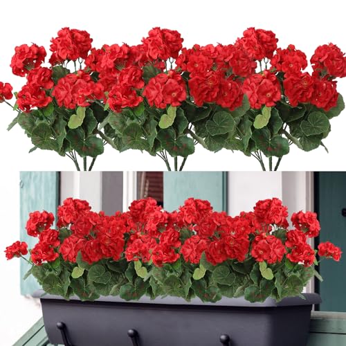 Dremisland 3 Pack Artificial Flowers for Outdoors Red Geranium Silk Flowers Outdoor UV Resistant Garden Plants Bush Faux Flowers for Home Wedding Kitchen Table Centerpieces Decor (Red, 3Pack)