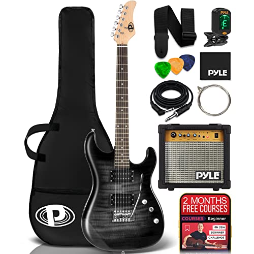 Pyle Electric Guitar Kit with Amp, Full Size Instrument with Humbucker Pickups, Guitarra Electrica Amplifier and Beginner Bundle Accessories, 39' Black